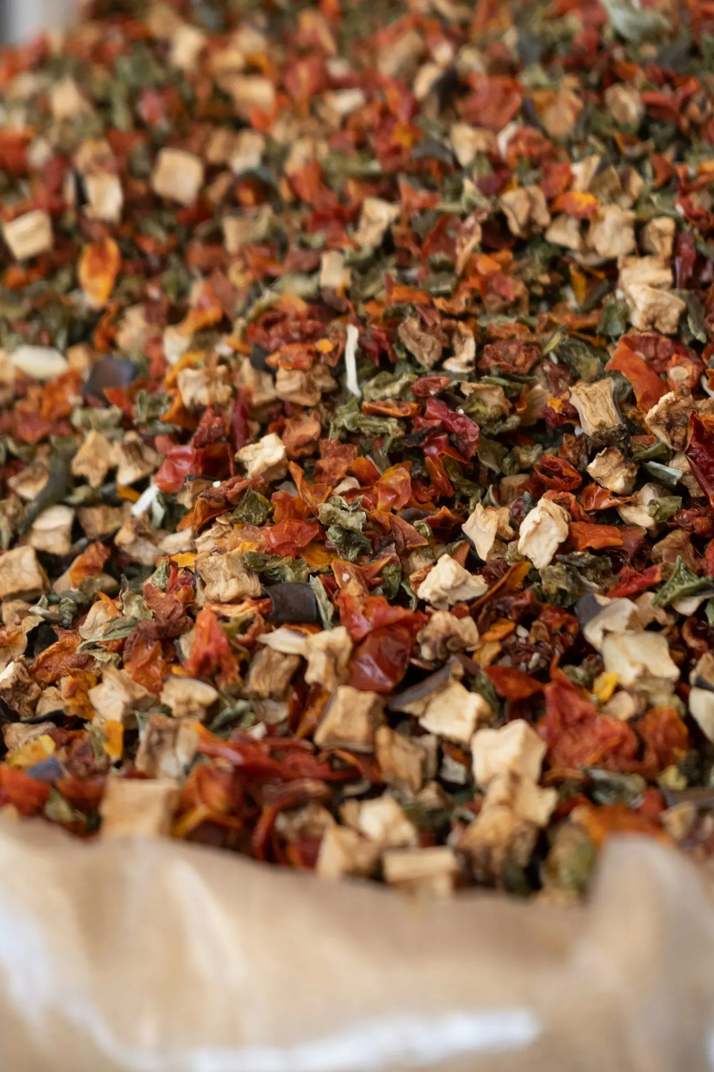 Close-up of dehydrated vegetable flakes