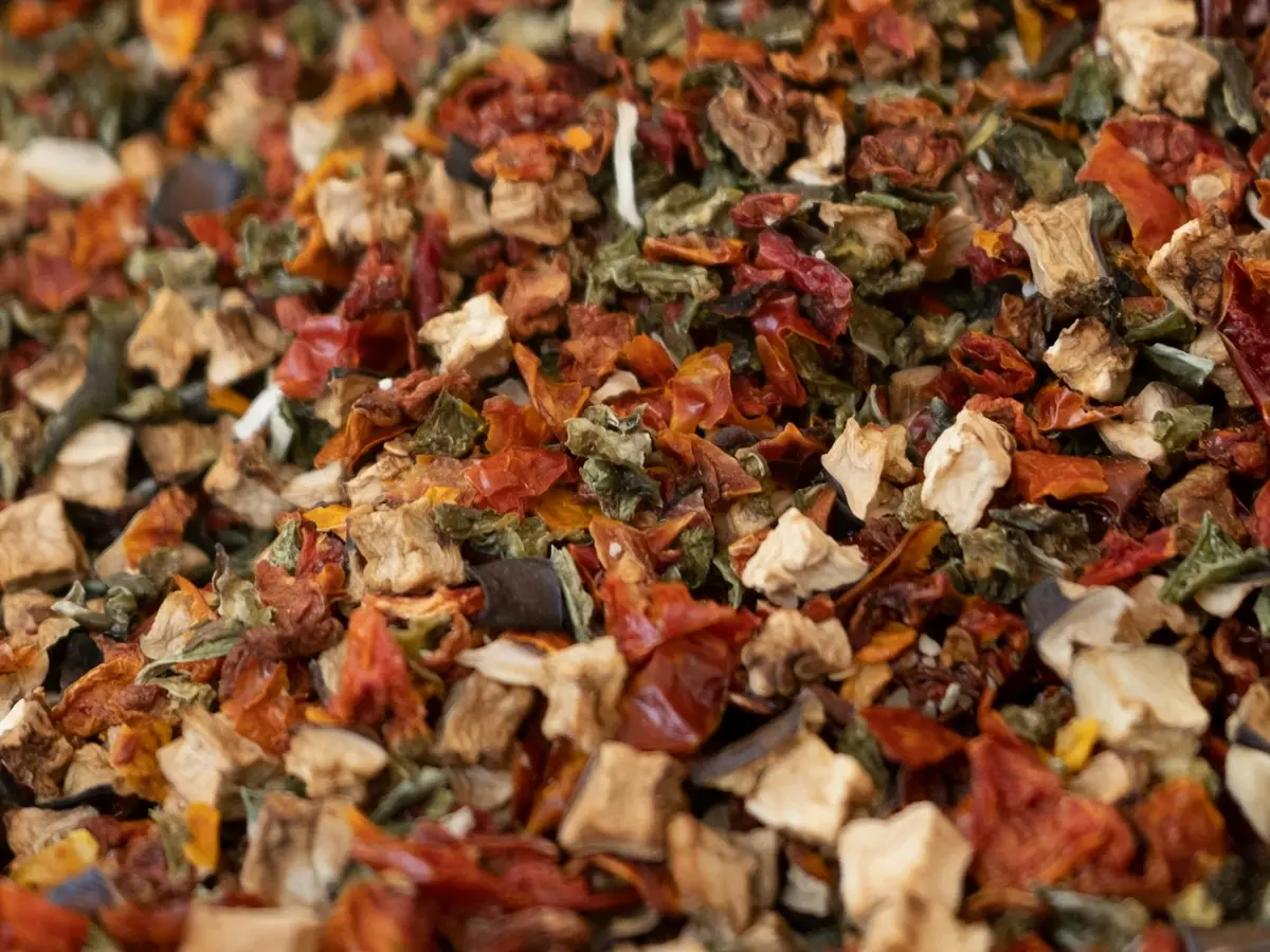 Close-up of dehydrated vegetable flakes